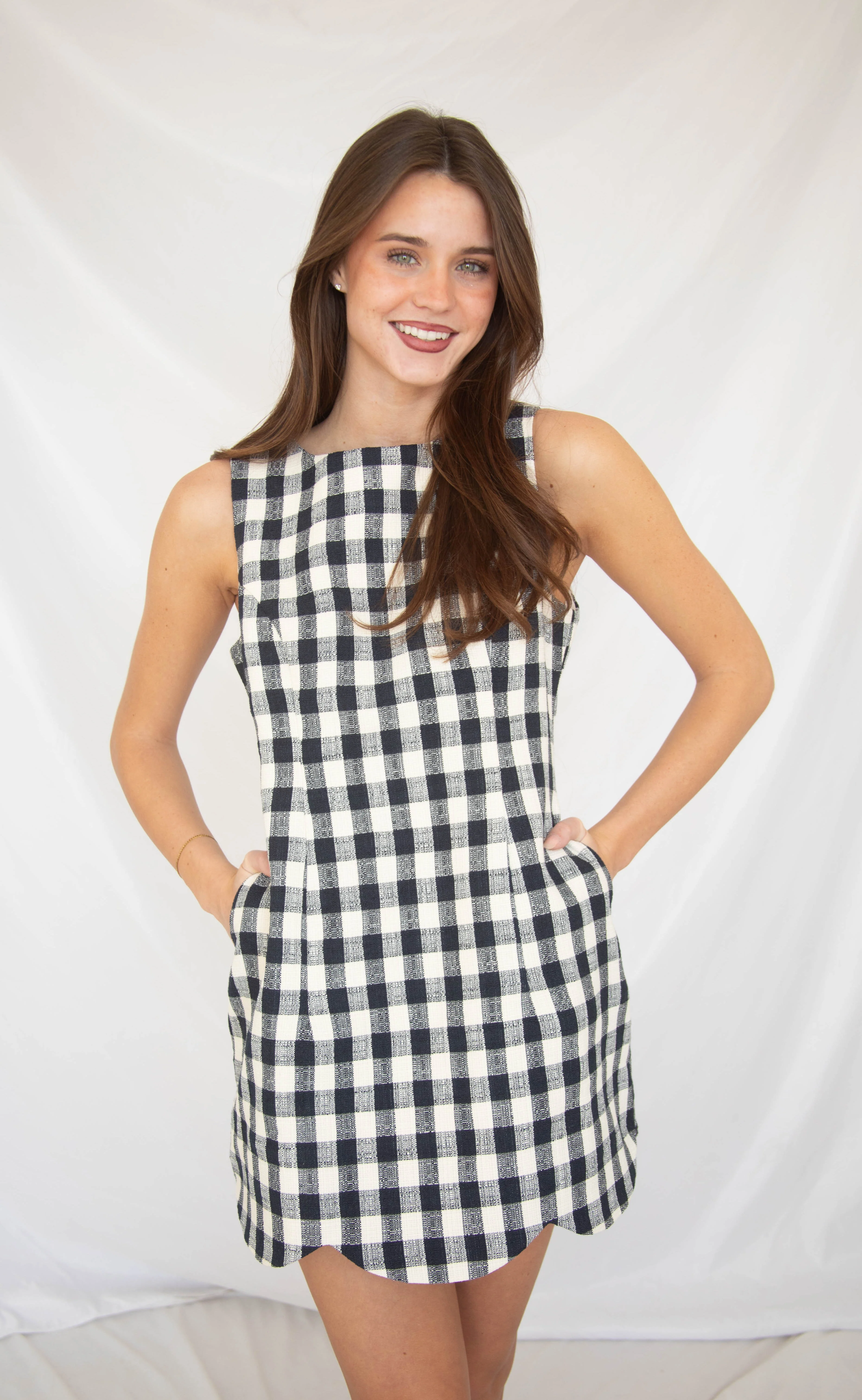heritage gingham scallop hem mini dress - navy - Image 2