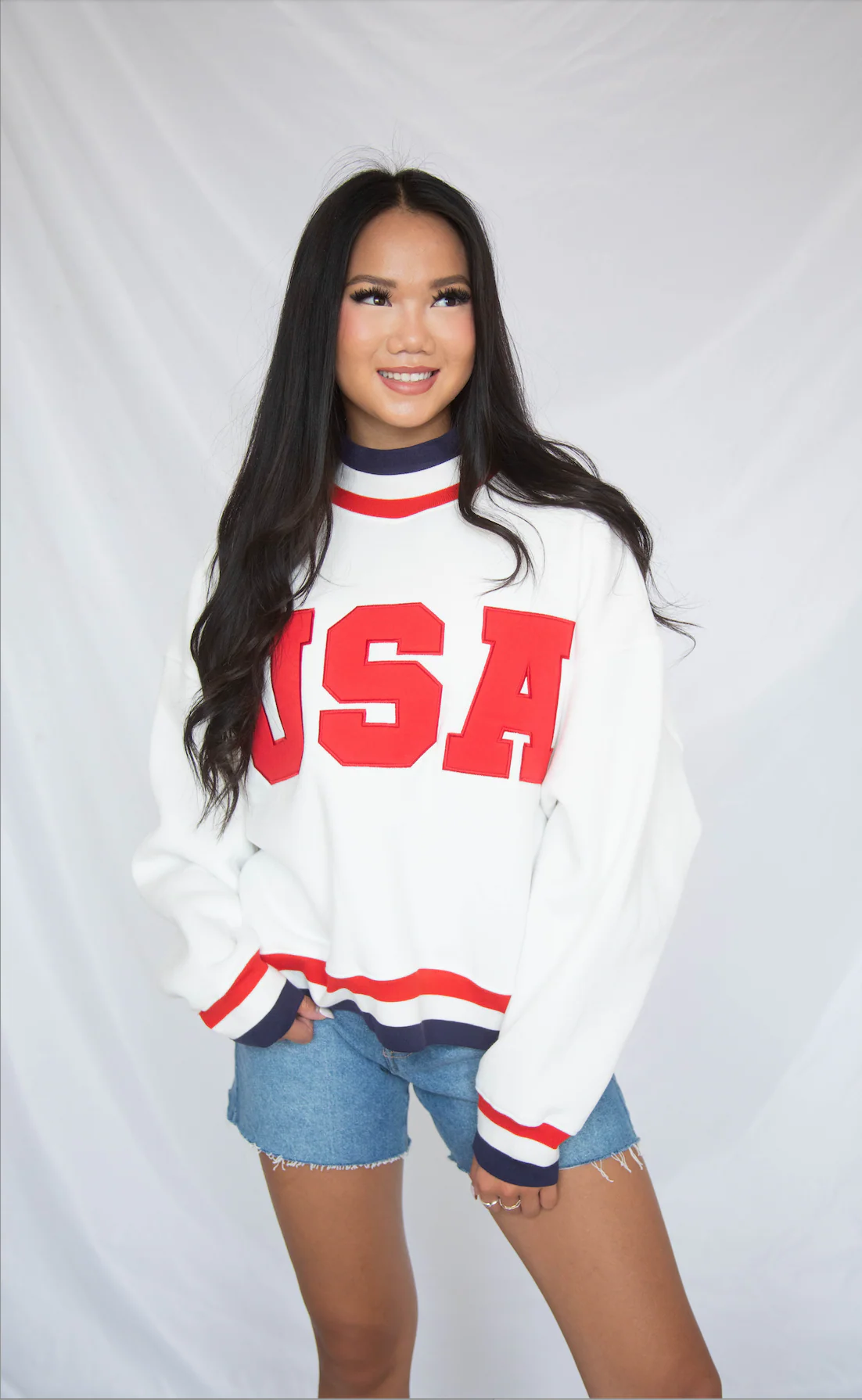 usa embroidered striped mockneck sweatshirt - white