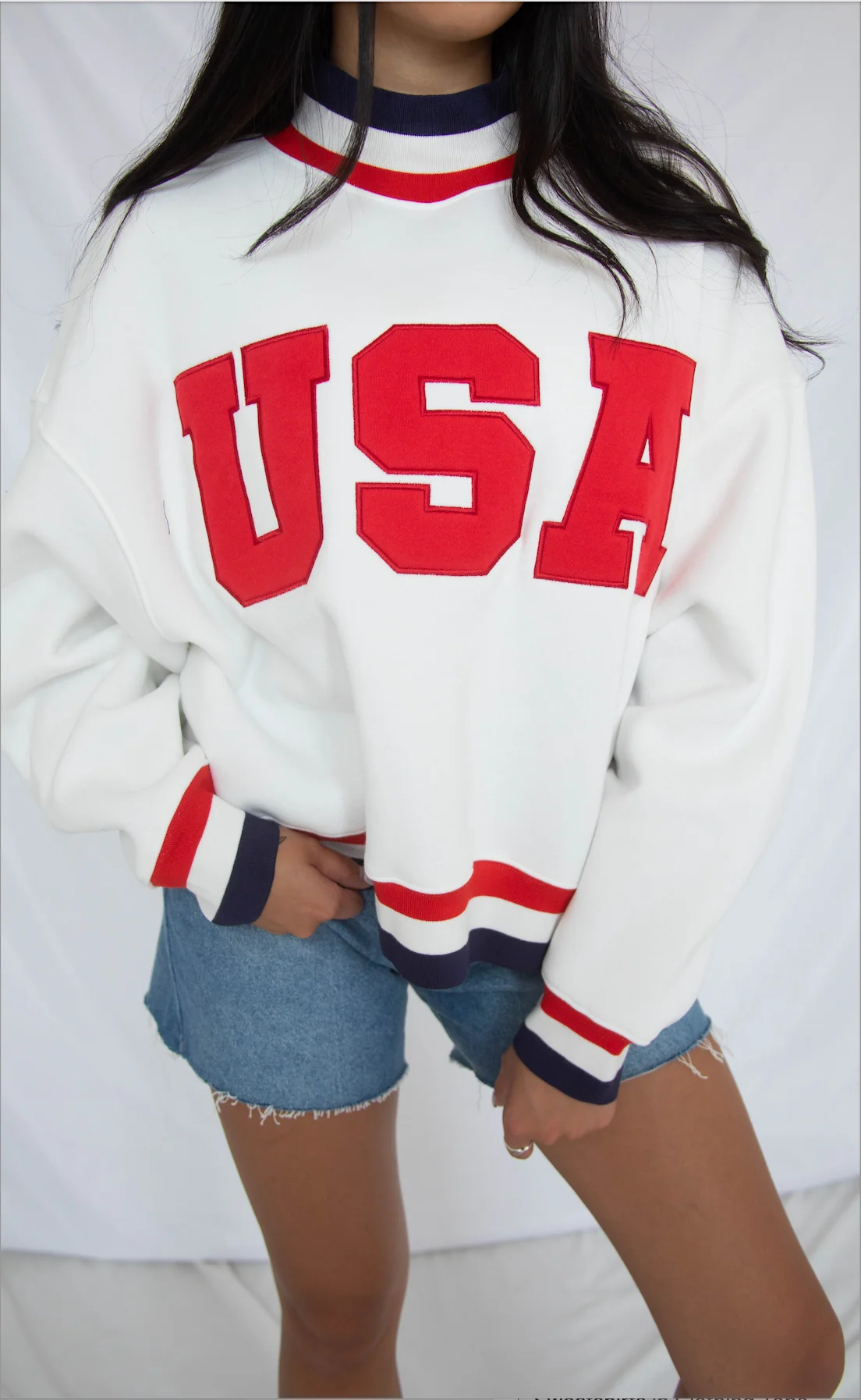 usa embroidered striped mockneck sweatshirt - white - Image 2